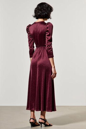 Dark Red A Line Satin Lapel Neck Wedding Guest Dress